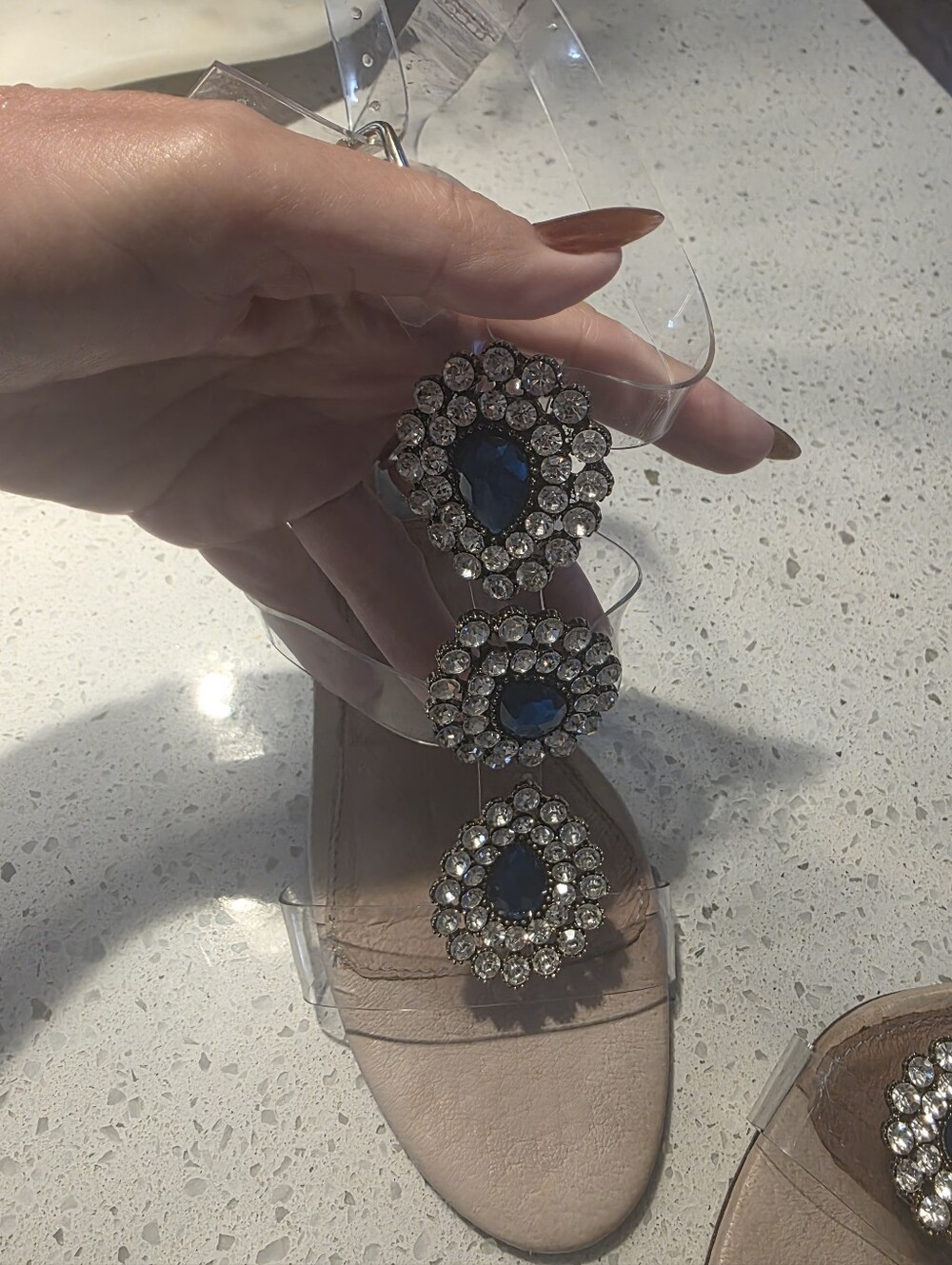 Betsey Johnson Clear Strap Stiletto Sandals with Blue Gem Accents - Picture 3 of 7